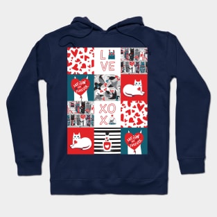 I love you meow and fur-ever PATCHWORK // grey green white purple beet and black cats red Valentine's Day motifs Hoodie